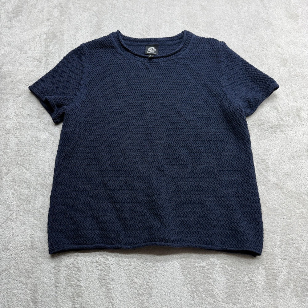 Bobeau Sweater Top Womens Large Navy Blue Textured Cotton Short Sleeve Knit